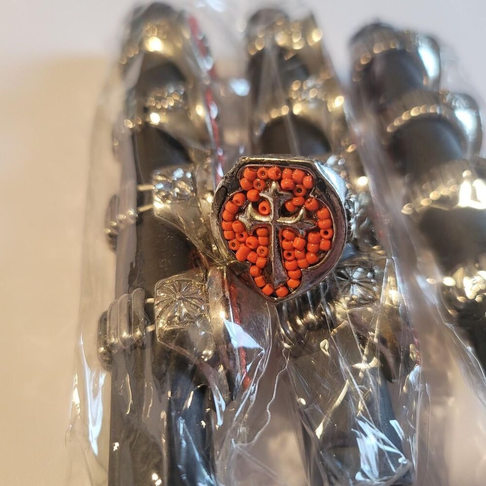 Lot of 12 Red Cross Shield & Bead Silver Adjustable Size Rings